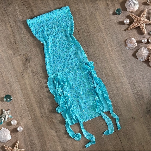 Handmade Mermaidcore Fairy Sequined Ruffle Dress - Acqua Blue - Size Small - Picture 2 of 8